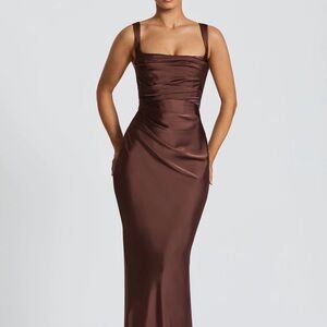 Brown Satin Square-Neck Maxi Dress